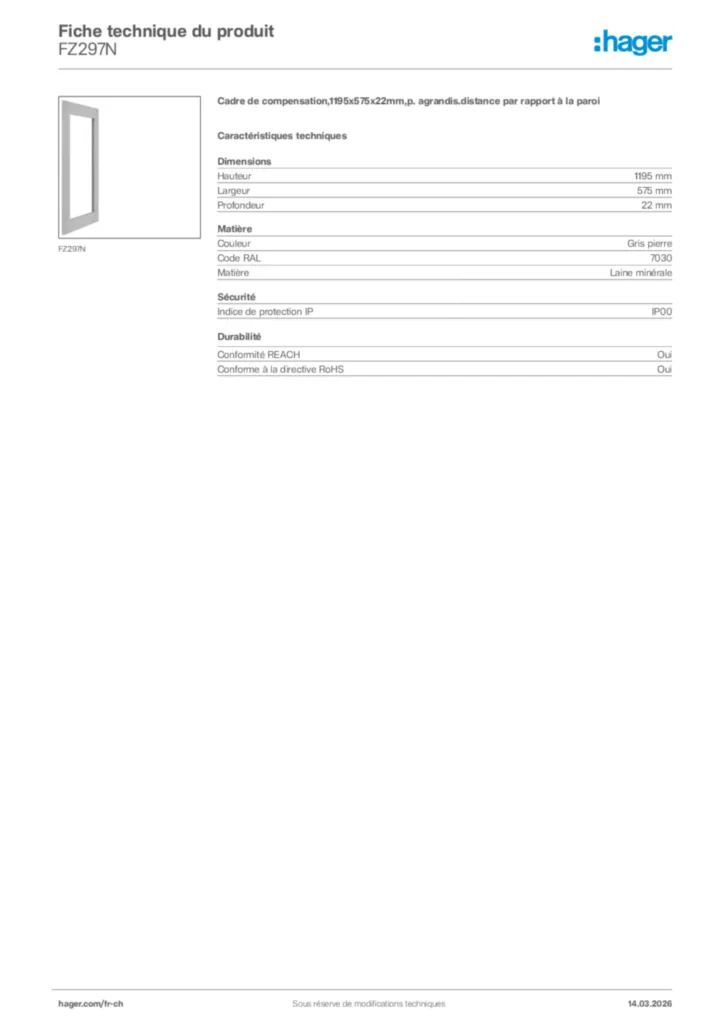 Image Hager Fiche technique du produit FZ297N | Hager Suisse