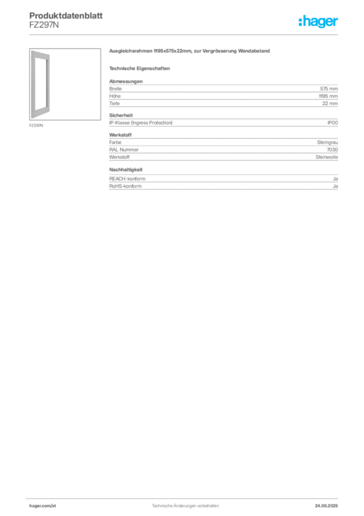 Bild Hager Produktdatenblatt FZ297N | Hager Deutschland