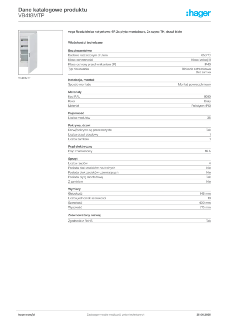 Zdjęcie Hager Karta katalogowa VB418MTP | Hager Polska