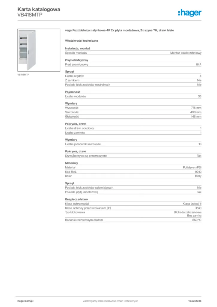 Zdjęcie Hager Karta katalogowa VB418MTP | Hager Polska