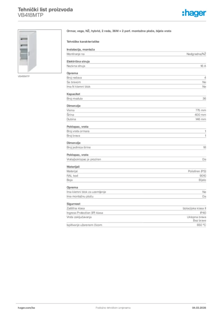 Slika Hager Tehnički list proizvoda VB418MTP  | Hager