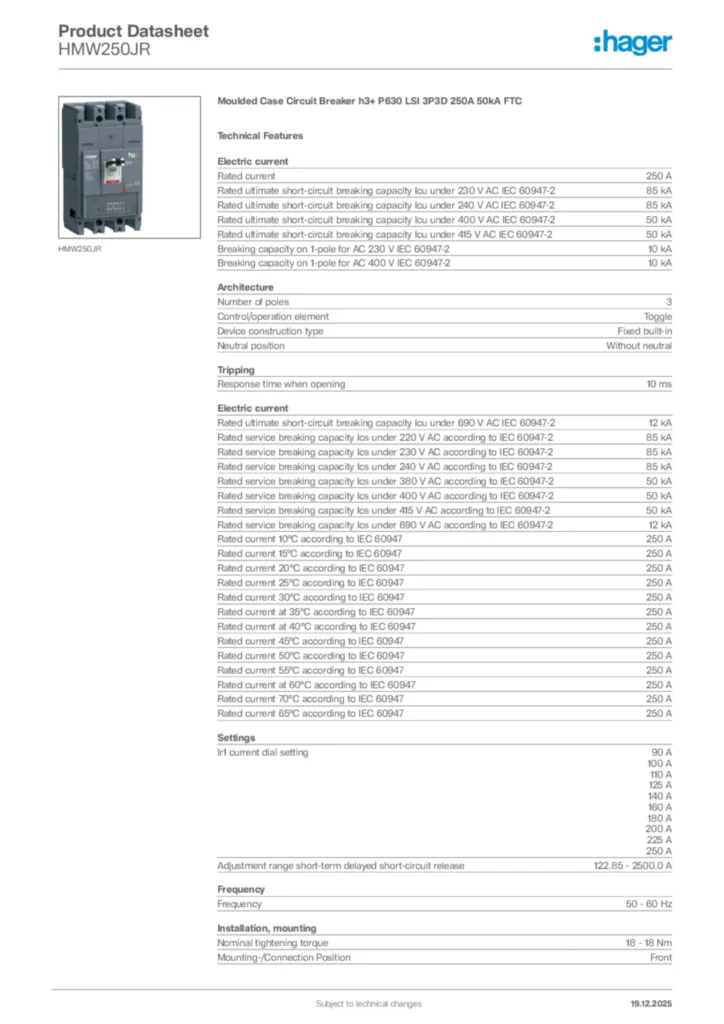 Image Hager Product data sheet HMW250JR  | Hager Africa