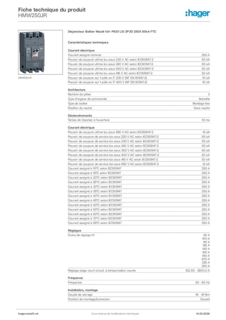Image Hager Fiche technique du produit HMW250JR | Hager Suisse
