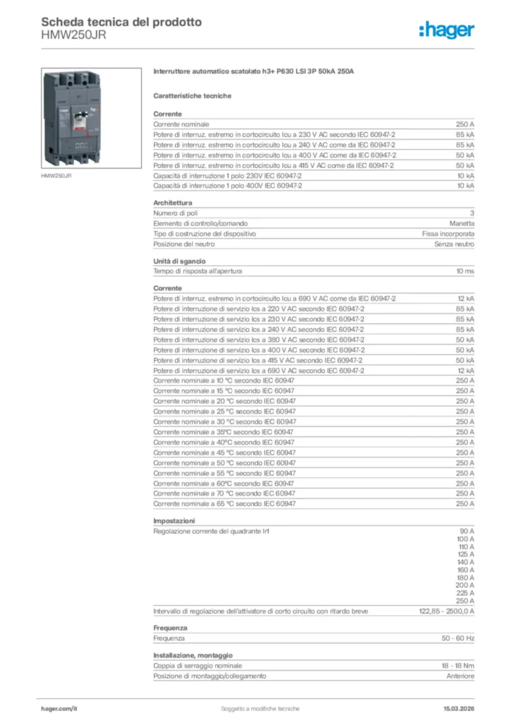 Immagine Hager Scheda tecnica del prodotto HMW250JR | Hager Italia