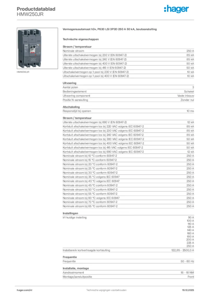 Afbeelding Hager Productdatablad HMW250JR | Hager Nederland