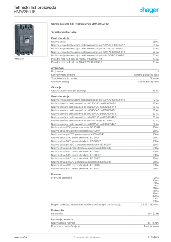 Slika Hager Tehnički list proizvoda HMW250JR  | Hager