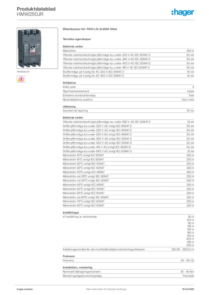 Bild Hager Produktdatablad HMW250JR | Hager Sverige