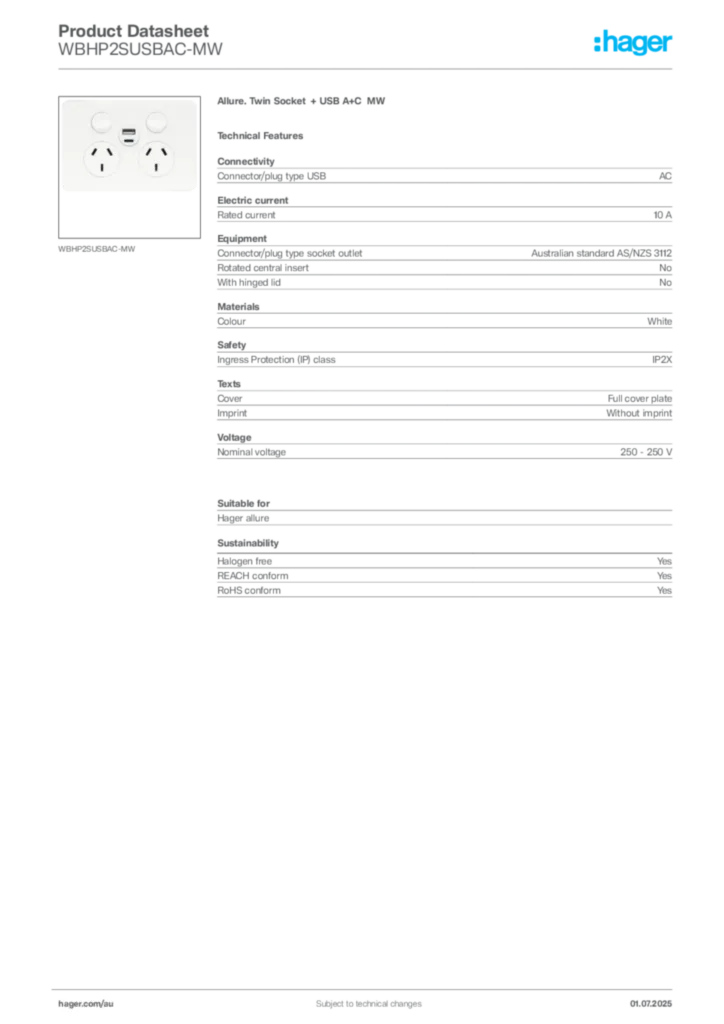 Image Hager Product data sheet WBHP2SUSBAC-MW  | Hager Australia