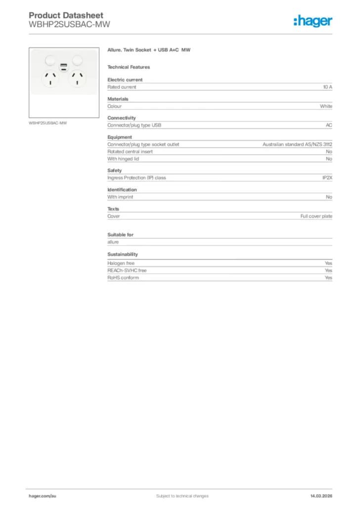 Image Hager Product data sheet WBHP2SUSBAC-MW  | Hager Australia