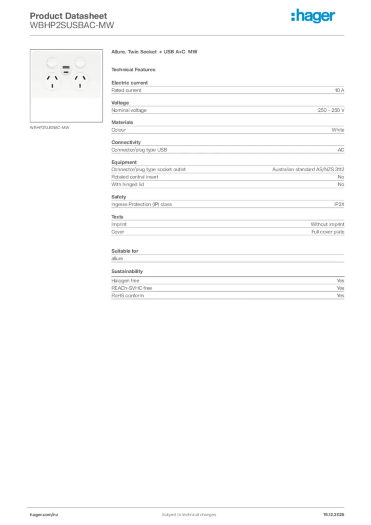 Image Hager Product data sheet WBHP2SUSBAC-MW  | Hager New Zealand