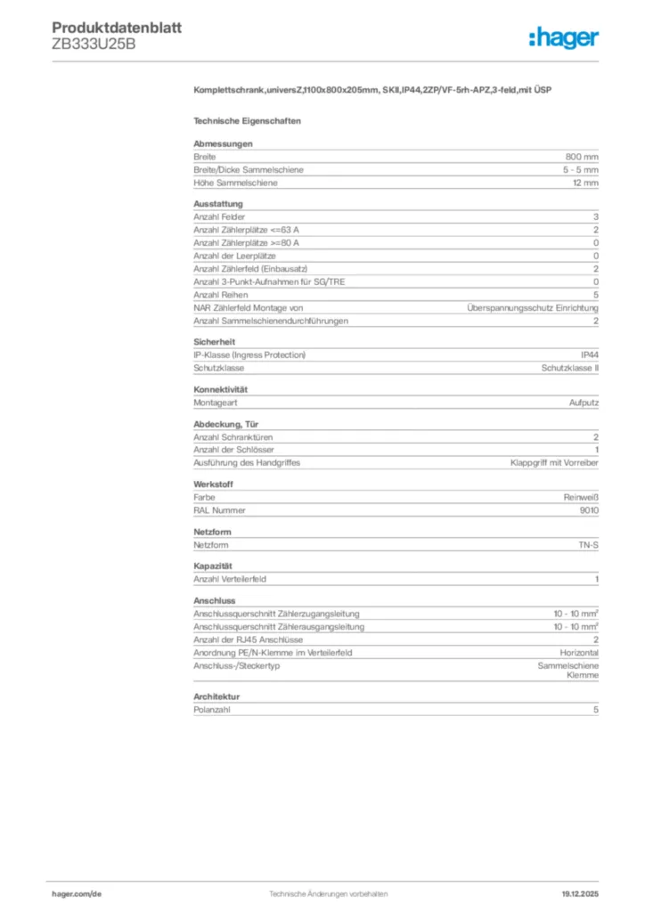 Bild Hager Produktdatenblatt ZB333U25B | Hager Deutschland