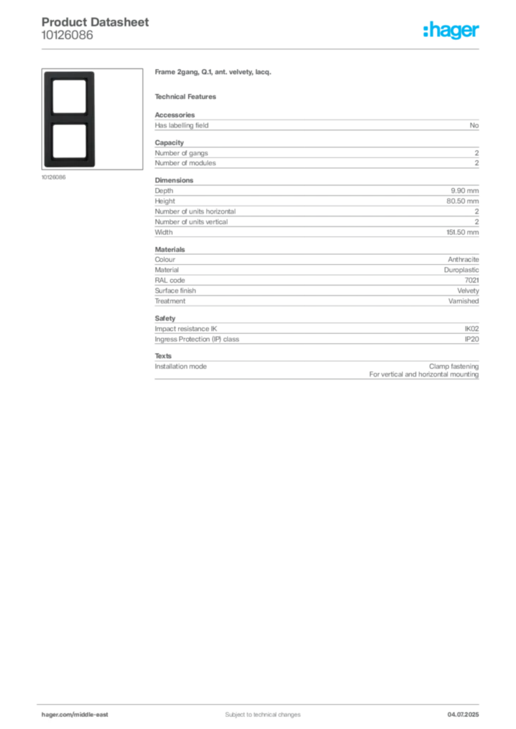 Image Hager Product data sheet 10126086  | Hager