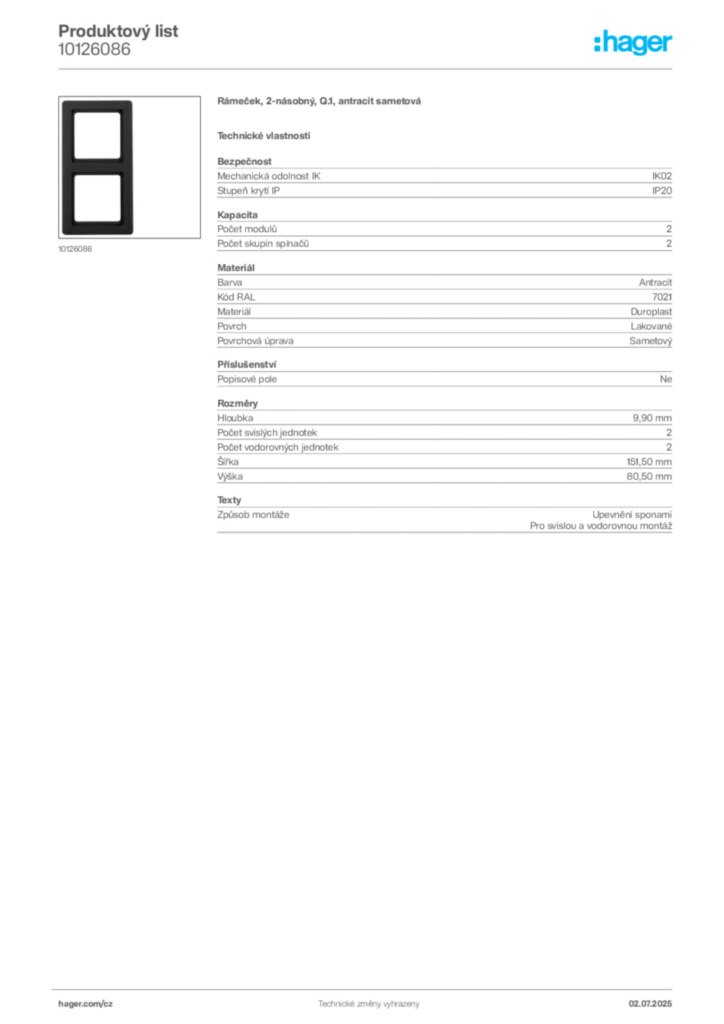 Obrázek Hager Produktový list 10126086 | Hager