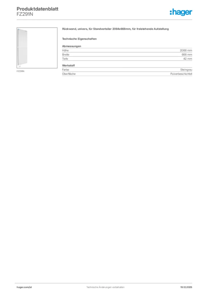 Bild Hager Produktdatenblatt FZ291N | Hager Deutschland