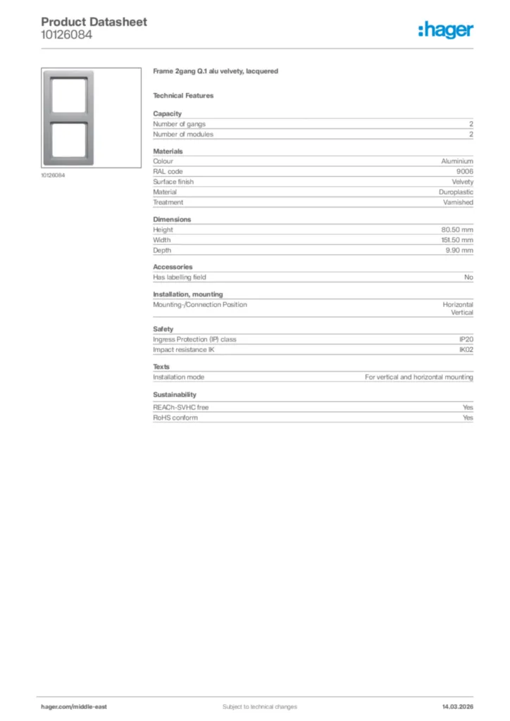 Image Hager Product data sheet 10126084  | Hager