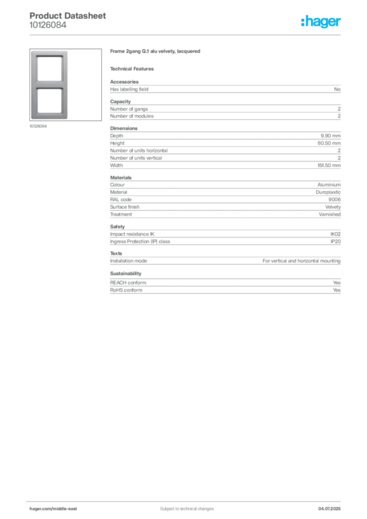Image Hager Product data sheet 10126084  | Hager