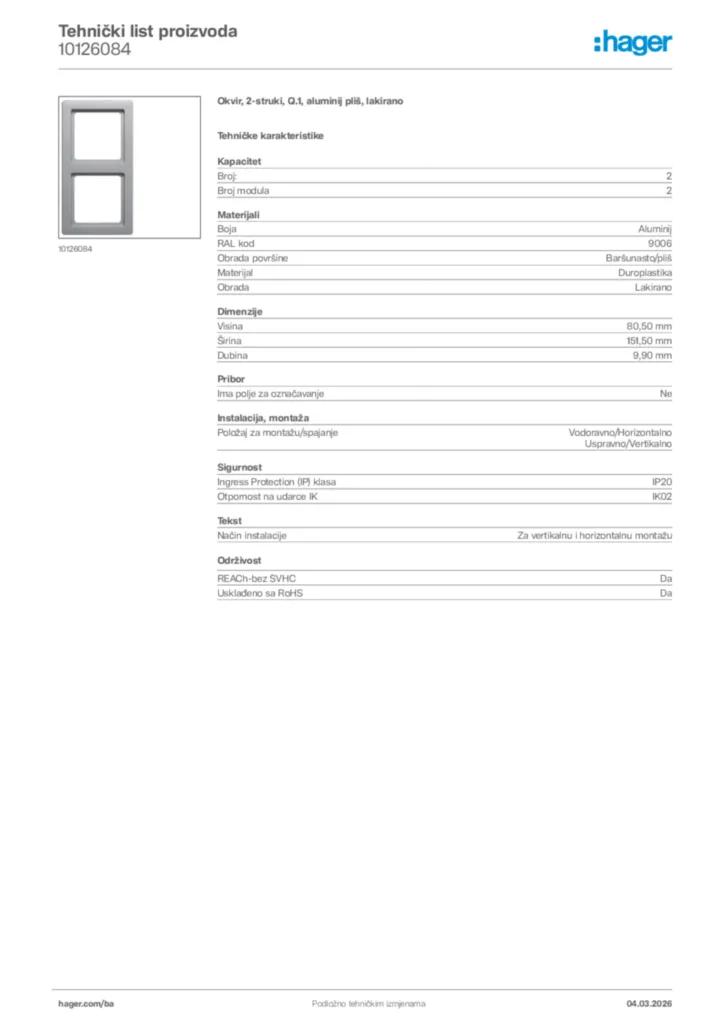 Slika Hager Tehnički list proizvoda 10126084  | Hager