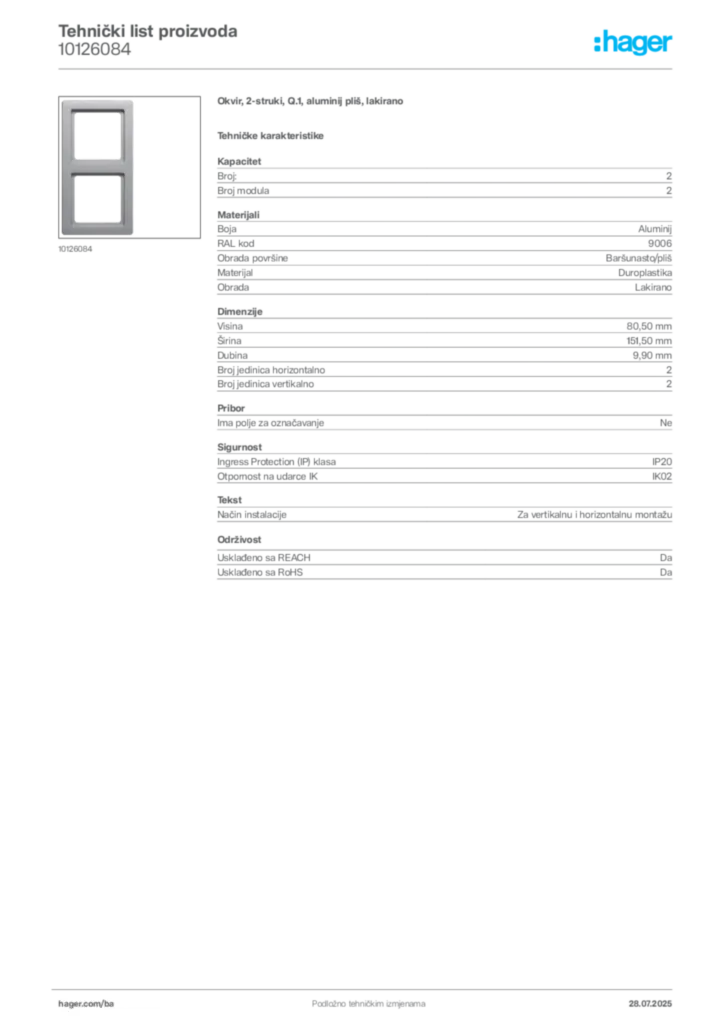 Slika Hager Product data sheet 10126084  | Hager