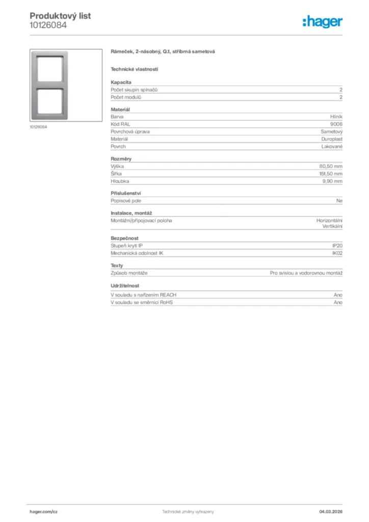Obrázek Hager Product data sheet 10126084 | Hager