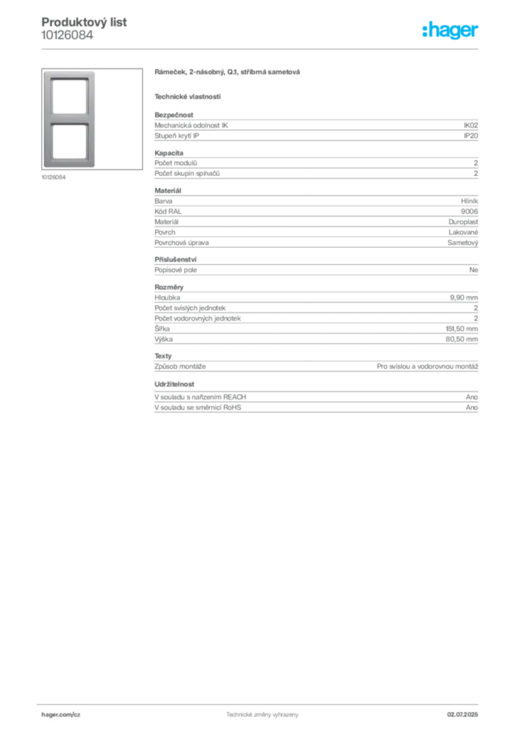 Obrázek Hager Produktový list 10126084 | Hager