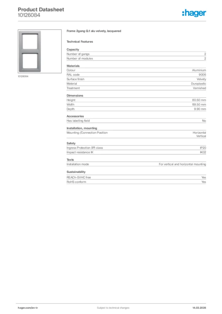 Image Hager Product data sheet 10126084  | Hager