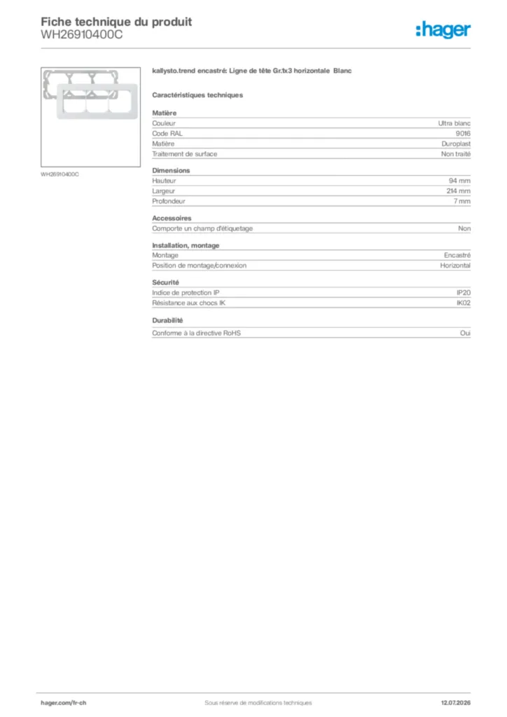 Image Hager Fiche technique du produit WH26910400C | Hager Suisse