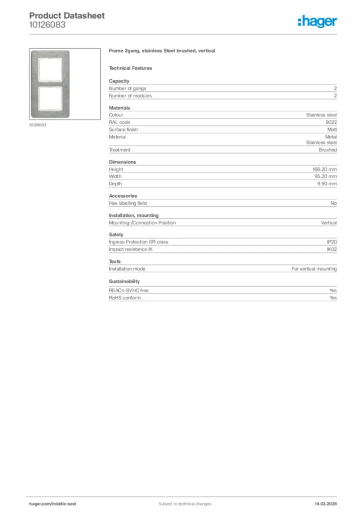Image Hager Product data sheet 10126083  | Hager