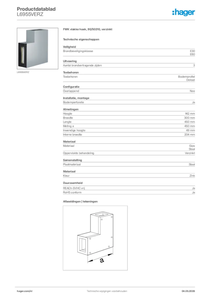 Afbeelding Hager Productdatablad L6955VERZ | Hager Nederland