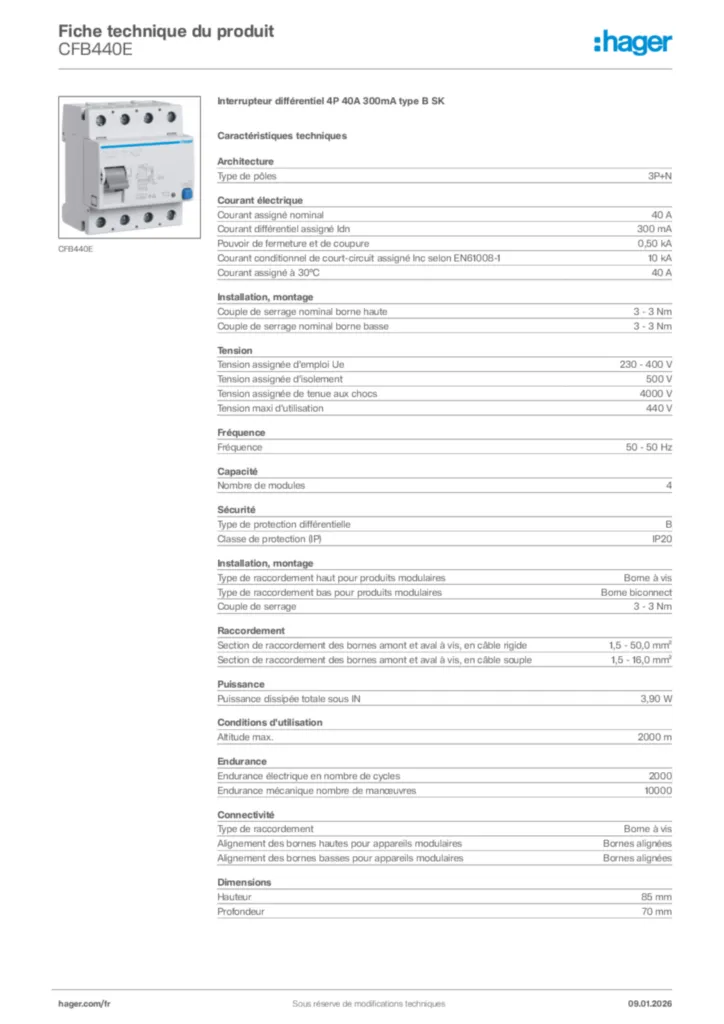 Image Hager Fiche technique du produit CFB440E | Hager France