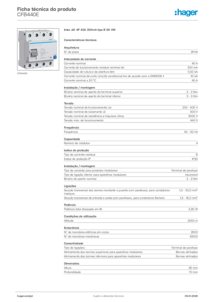 Imagem Hager Ficha técnica do produto CFB440E | Hager Portugal