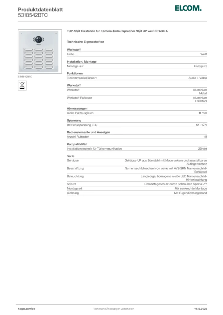 Bild Elcom Produktdatenblatt 5318542BTC | Hager Deutschland