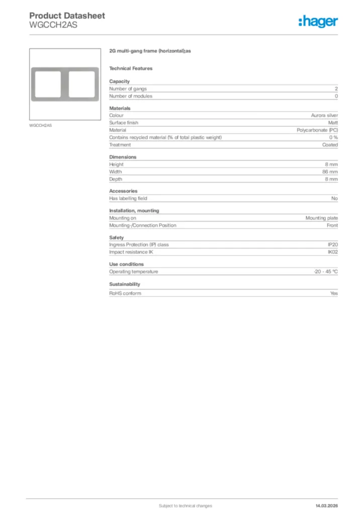 Image Hager Product data sheet WGCCH2AS  | Hager