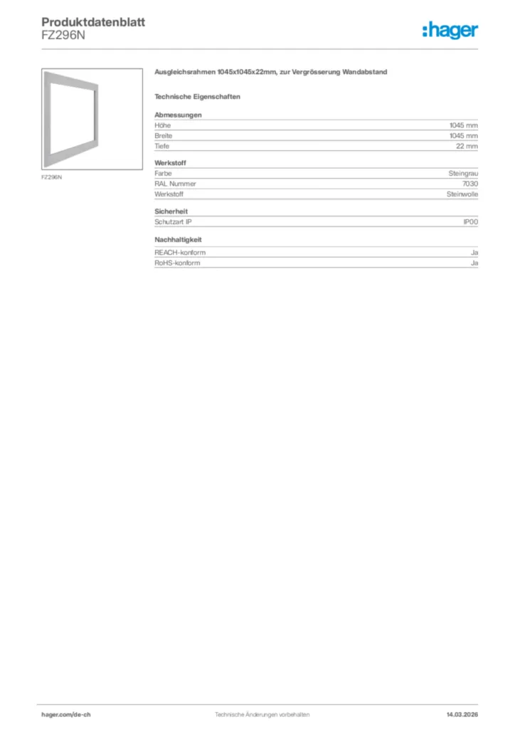 Bild Hager Produktdatenblatt FZ296N | Hager Schweiz