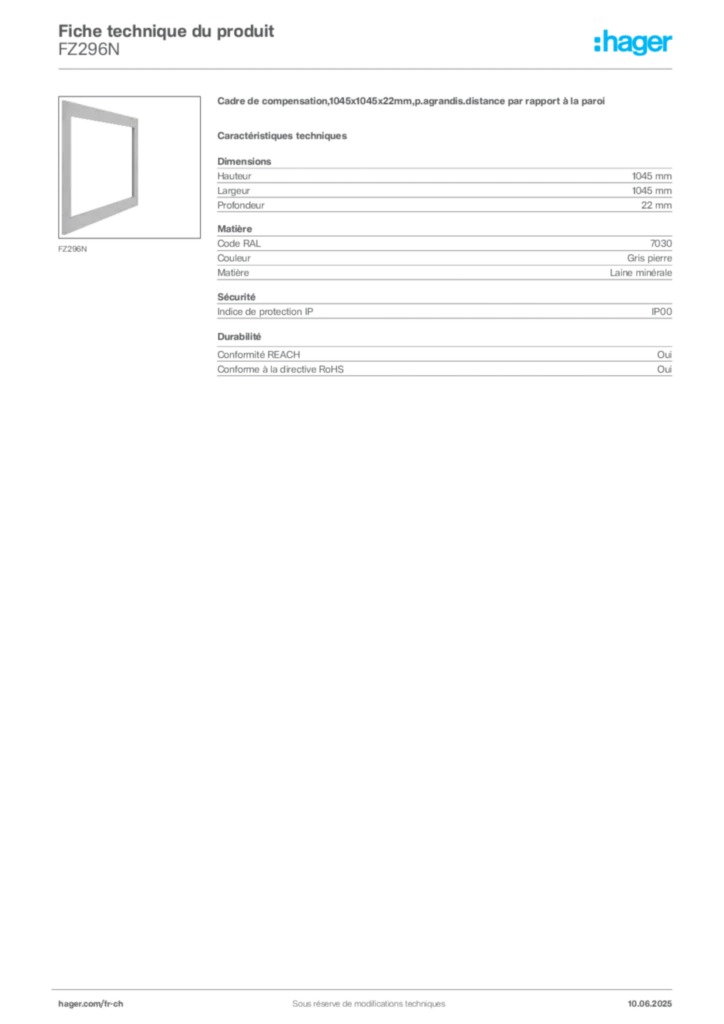 Image Hager Fiche technique du produit FZ296N | Hager Suisse