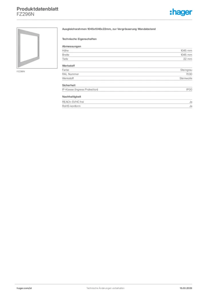 Bild Hager Produktdatenblatt FZ296N | Hager Deutschland