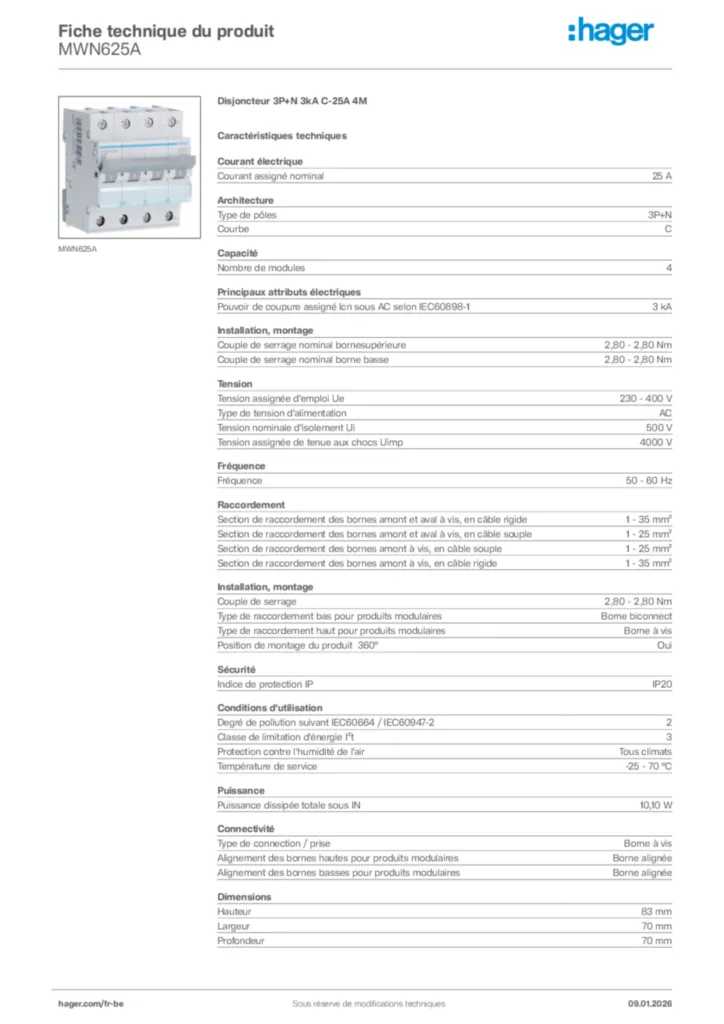 Image Hager Fiche technique du produit MWN625A | Hager Belgique