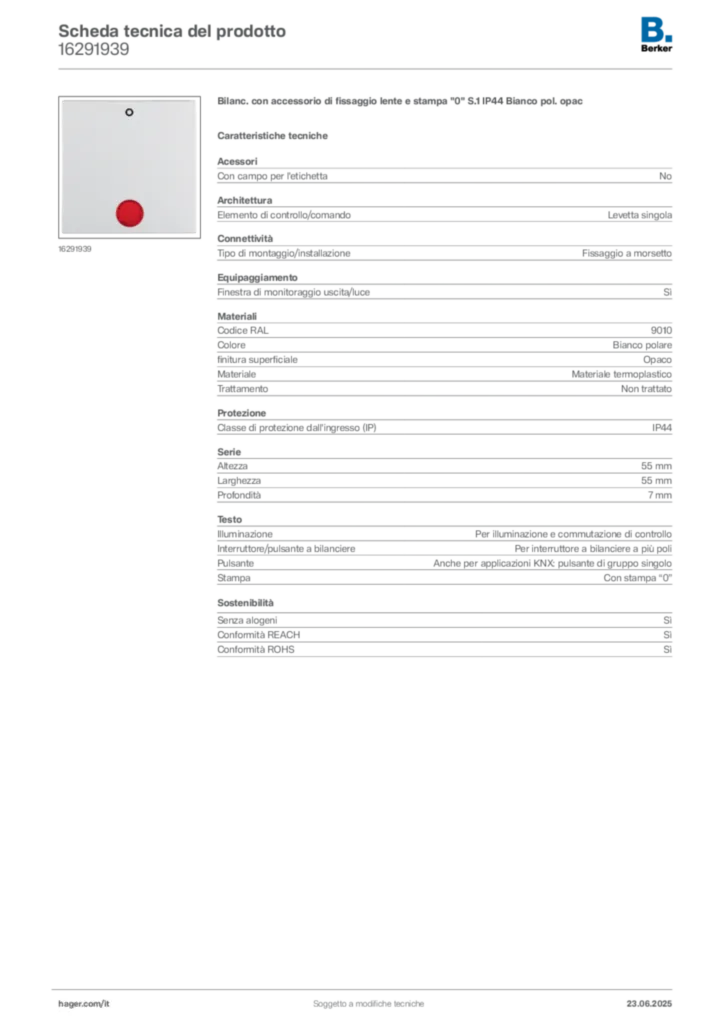Immagine Berker Scheda tecnica del prodotto 16291939 | Hager Italia