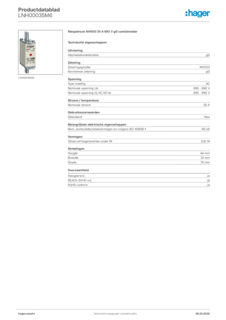 Afbeelding Hager Productdatablad LNH00035M6 | Hager Nederland