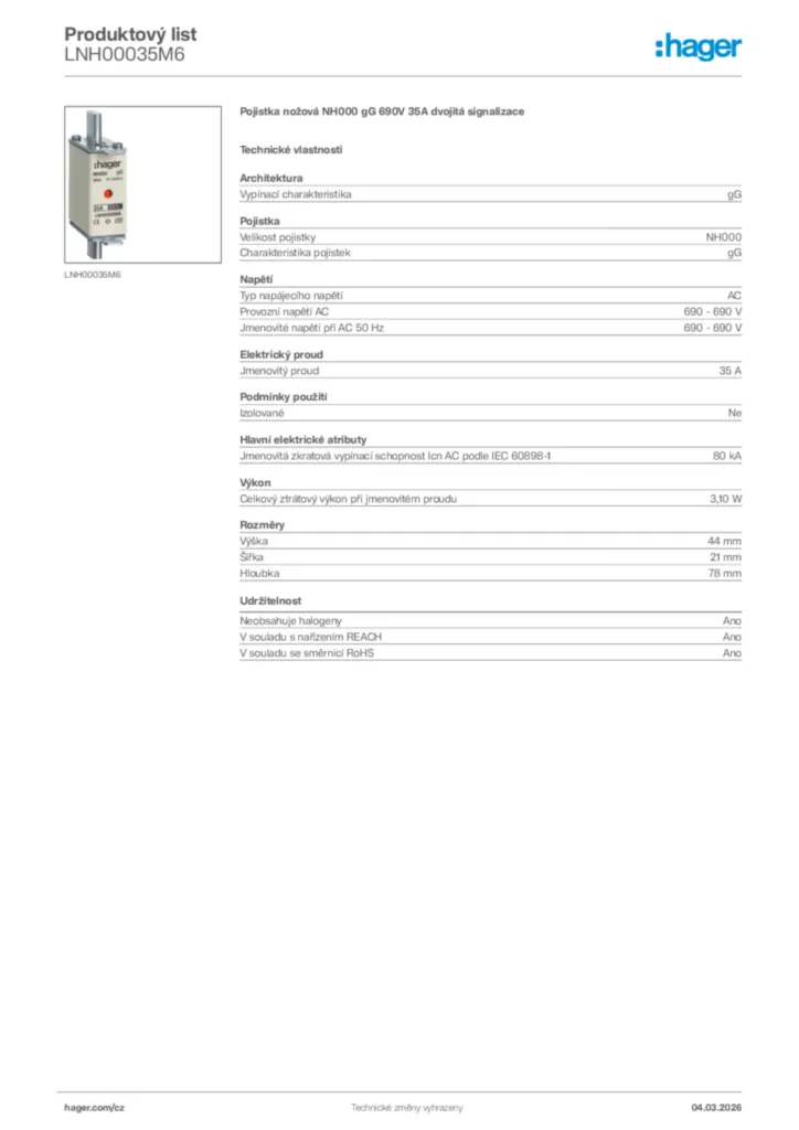 Obrázek Hager Product data sheet LNH00035M6 | Hager