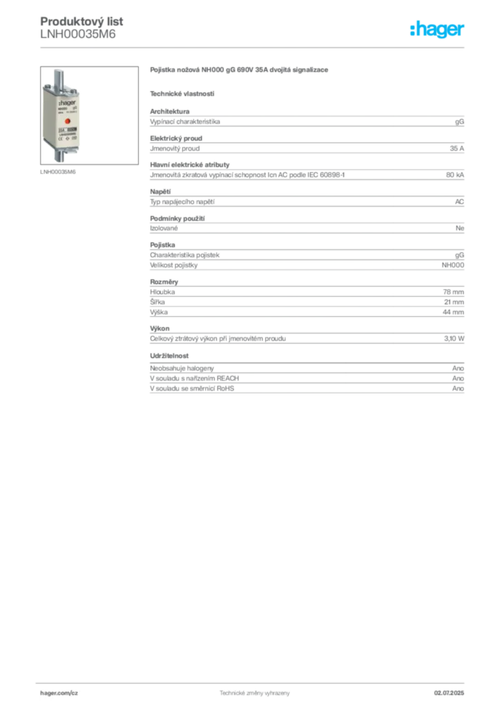 Obrázek Hager Produktový list LNH00035M6 | Hager