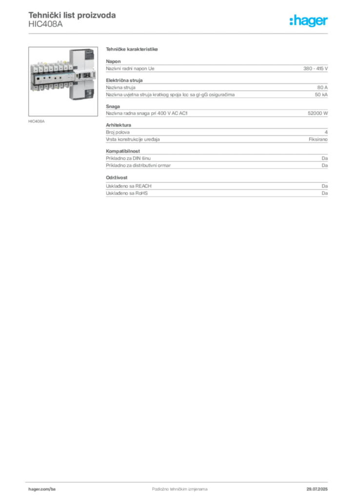 Slika Hager Product data sheet HIC408A  | Hager