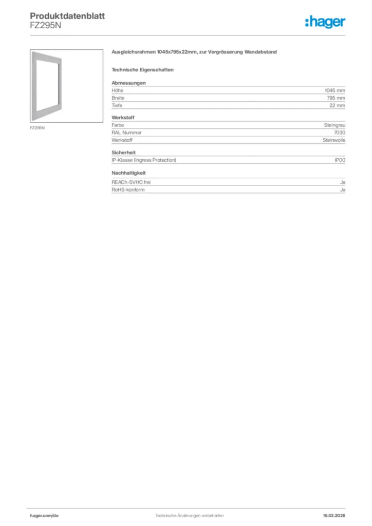 Bild Hager Produktdatenblatt FZ295N | Hager Deutschland