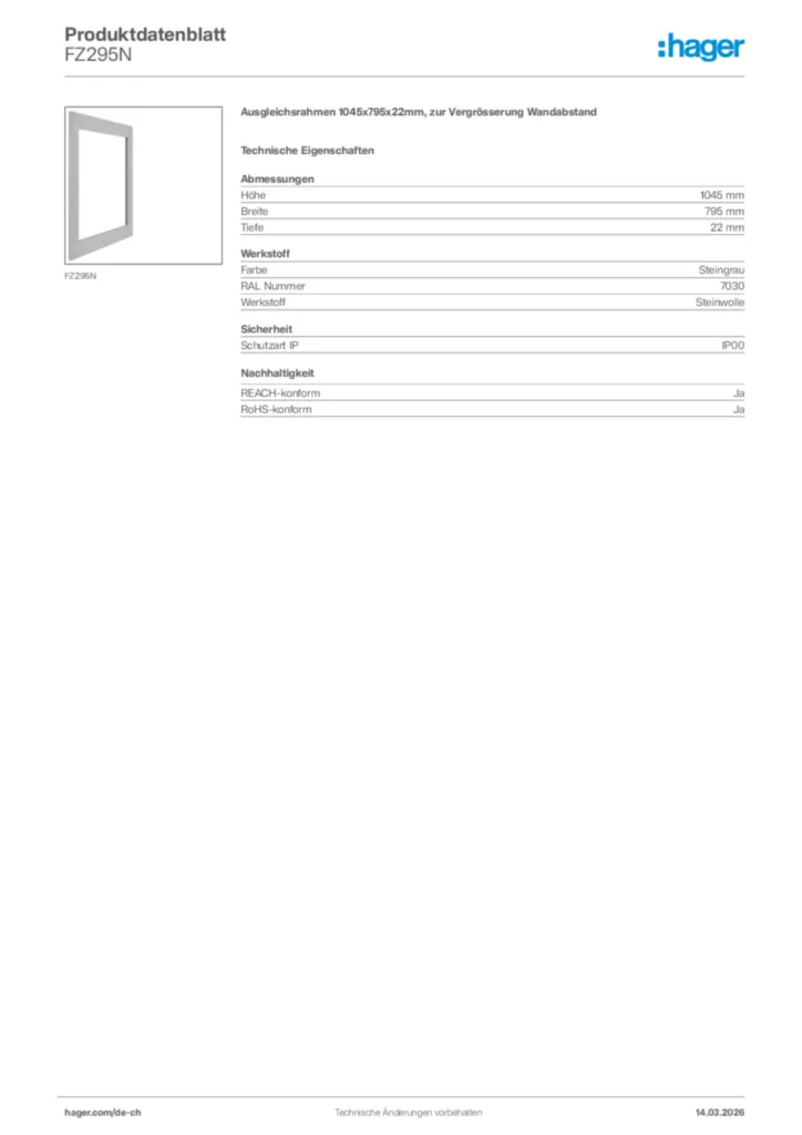 Bild Hager Produktdatenblatt FZ295N | Hager Schweiz