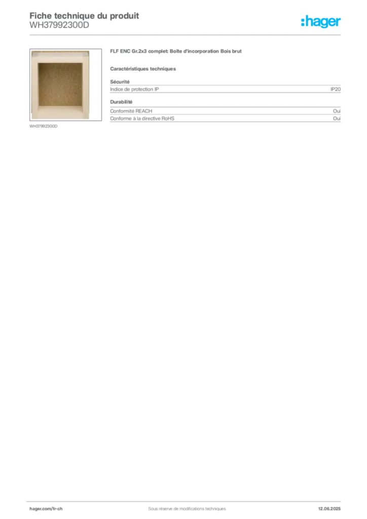 Image Hager Fiche technique du produit WH37992300D | Hager Suisse