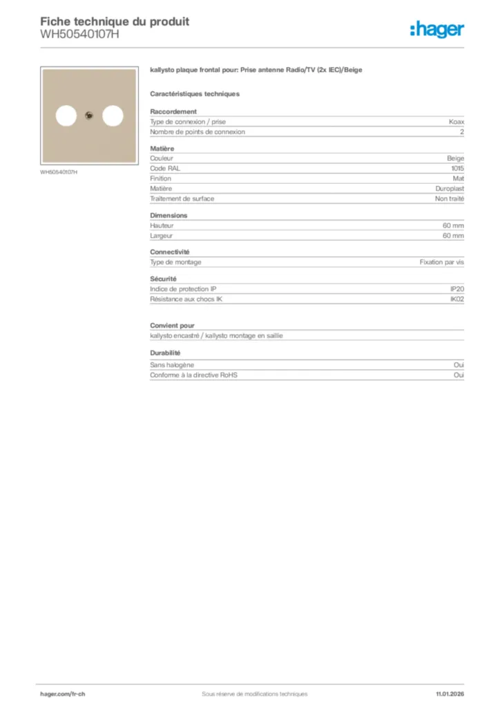 Image Hager Fiche technique du produit WH50540107H | Hager Suisse