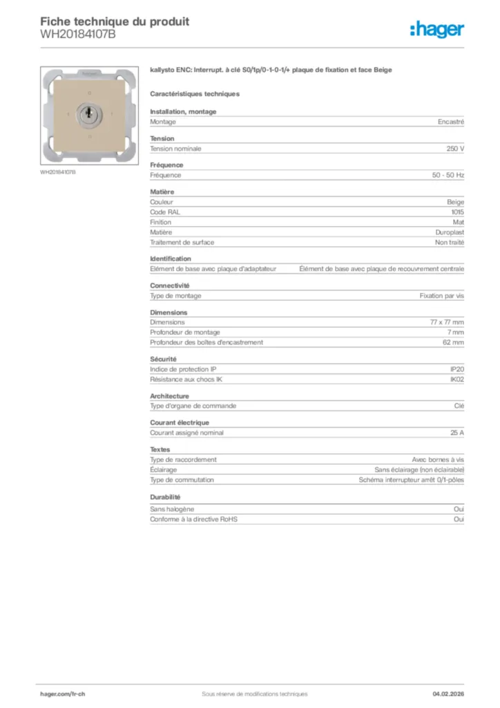 Image Hager Fiche technique du produit WH20184107B | Hager Suisse
