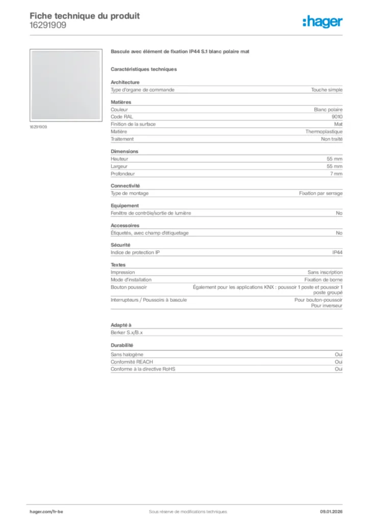 Image Hager Fiche technique du produit 16291909 | Hager Belgique