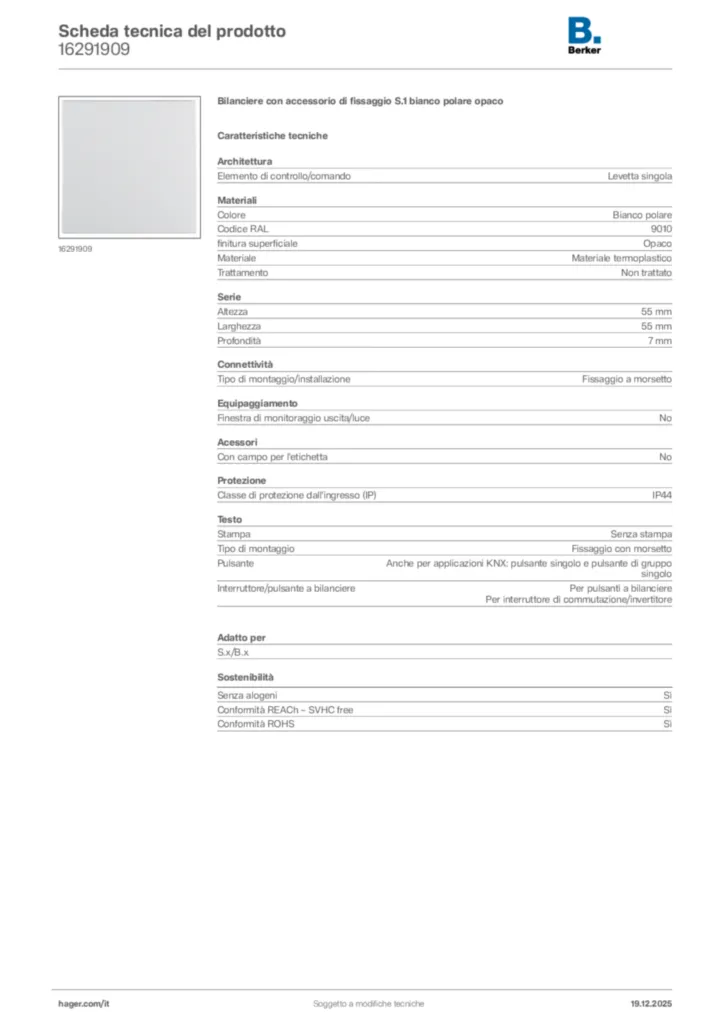 Immagine Berker Scheda tecnica del prodotto 16291909 | Hager Italia