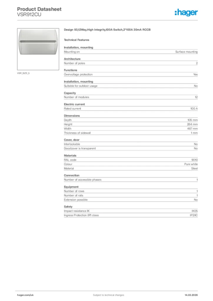 Image Hager Product data sheet VSR912CU  | Hager