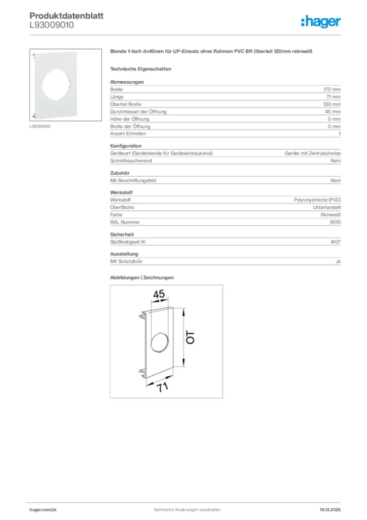 Bild Hager Produktdatenblatt L93009010 | Hager Deutschland